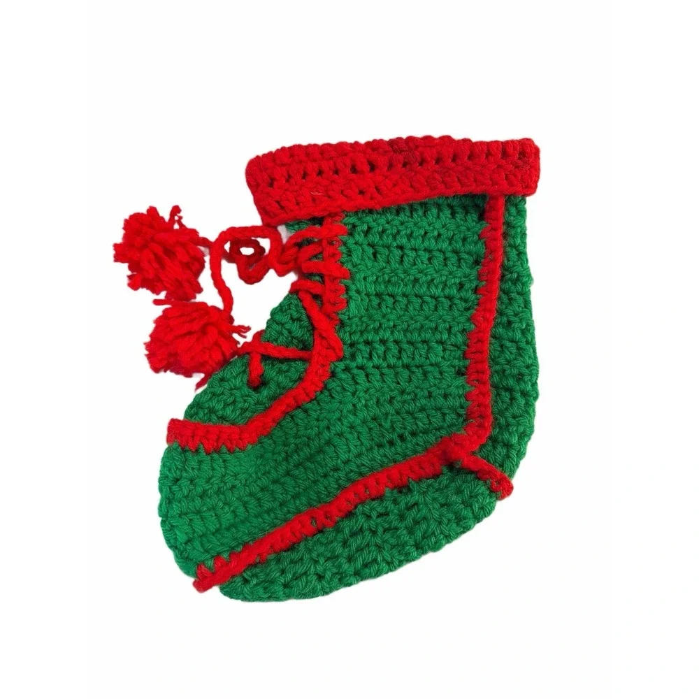 VTG‎ handmade crochet green red christmas baby stocking Granny Boot Pom-Poms
